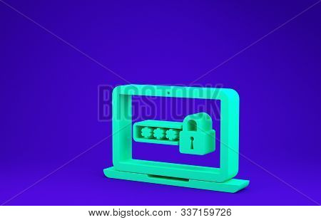 Green Laptop With Password Notification And Lock Icon Isolated On Blue Background. Security, Persona