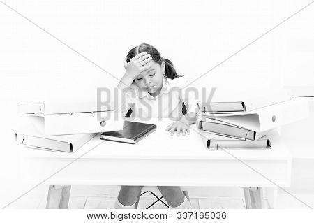 Exhausted Girl With Workbook And Folders. Education. Boring Lesson. Towards Knowledge. Small Girl On