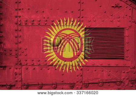 Kyrgyzstan Flag Depicted On Side Part Of Military Armored Tank Closeup. Army Forces Conceptual Backg