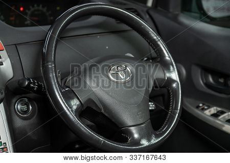 Novosibirsk, Russia - November 06, 2019:  Toyota Ractis,black  Car Interior - Dashboard,steering Whe