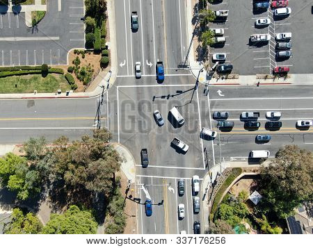 Aerial View Of Crossing Road With Cars And Small Traffic In Poway, San Diego County, Usa