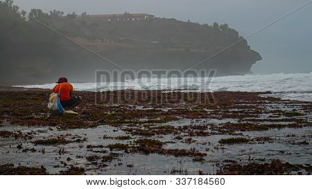A Stretch Of White Sand On The Coast Of Widodaren Yogyakarta Indonesia. Lots Of Beautiful Rocks And 