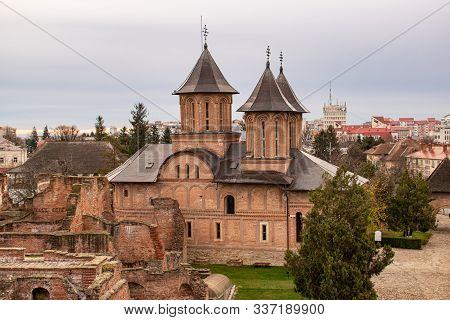 Beautiful View Of A Monastery And The City Of Targoviste, Romania Seen From Atop Of The Chindia Towe