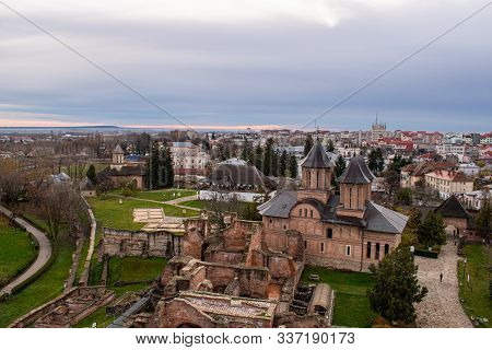 Beautiful View Of A Monastery And The City Of Targoviste, Romania Seen From Atop Of The Chindia Towe
