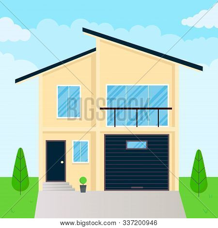 Modern House Exterior Flat Style Design Vector Illustration With Roof, Windows And Shadows. Classic 