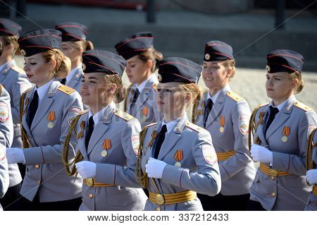 Moscow, Russia - May 7, 2019:female Cadets Of The Moscow University Of The Ministry Of Internal Affa