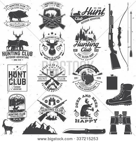 Set Of Hunting Club Badge. Vector Concept For Shirt, Label, Print, Stamp. Vintage Typography Design 
