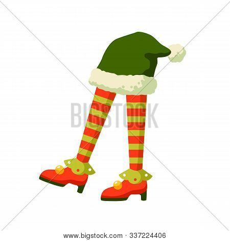 Christmas Elf Feet In Striped Socks Flat Vector Illustration. Santa Helper With Green New Year Hat. 