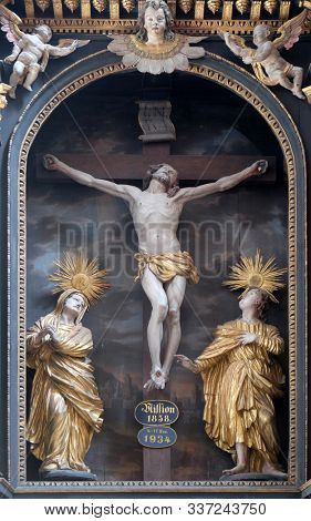 BRONNBACH, GERMANY - JULY 07, 2018: Altar of the Holy Cross in Cistercian Abbey of Bronnbach in Reicholzheim near Wertheim, Germany