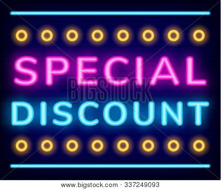 Special Discount Neon Sign Vector. Exclusive Offer On Cyber Monday, Shiny Banner With Glowing Font A