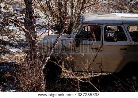 Khabarovsk, Russia - Nov 11, 2019: Jeep Uaz Overcomes Obstacles In The Forest.