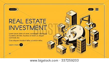 Real Estate Investment Isometric Landing Page, Huge Piggy Bank Surrounded With Skyscrapers And Build