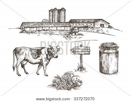 A Farm With Cowsheds And A Grain Elevator, A Cow, A Milk Can, A Wooden Sign, A Bouquet Of Flowers.