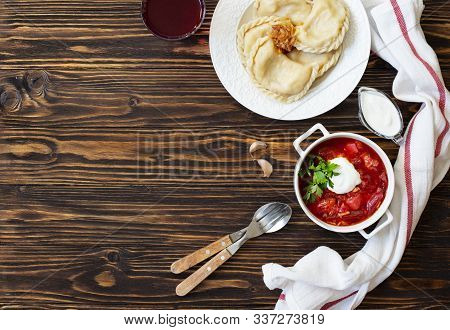 Eastern European Food Ukrainian, Russian, Polish. Borscht And Varenyky, Vareniki. Traditional Beetro