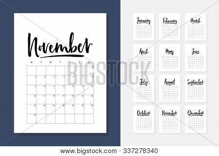 2020 New Year Calendar In Clean Minimal Table Simple Style. Hand Drawn Lettering, Black And White Mi