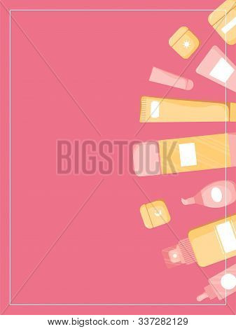 Vectical Poster With Cute Skincare Cosmetics Icons In Cartoon Style. Commercial Ad In Magazine, Shop