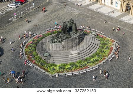 Prague.czech Republic.august 30, 2019. View Of The Monument To Jan Huss On The Old Town Square From 