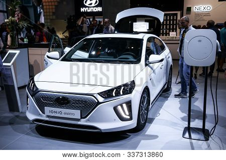 Frankfurt Am Main, Germany - September 17, 2019: White All-electric Liftback Hyundai Ioniq Presented