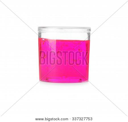 Magenta Slime In Plastic Container Isolated On White. Antistress Toy