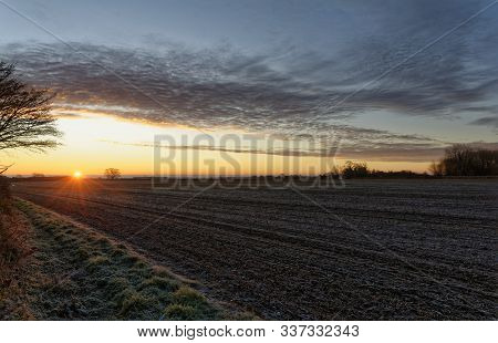 Frosty Cotswold Sunrise Over Fields Above Dursley, Gloucestershire
