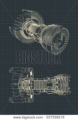 Stylized Vector Illustration Drawings Of A Turbofan Engine