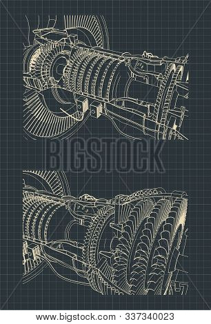 Stylized Vector Illustration Drawings Of A Turbofan Engine. Turbine And Compressor Close Up