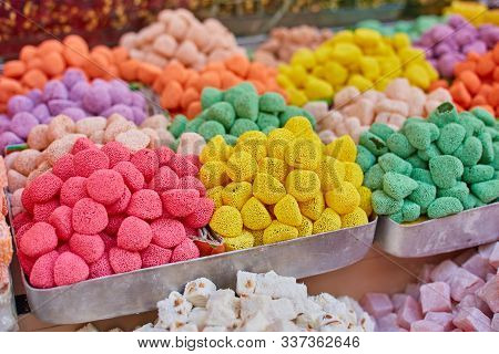 Turkish Traditional Sweets, Rahat Lukum In Counter In The Grand Bazar Market, Istanbul