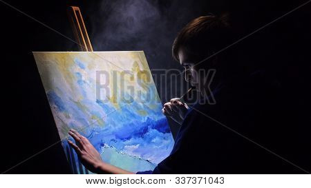 Artist Copyist Paint Seascape With Ship In Ocean. Vaper Smoke Vape E-cigarette. Craftsman Decorator 