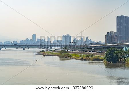 Scenery Of Tamsui River Bank, View On Taipei Bridge, A Bridge Link New Taipei City To Taipei City, T