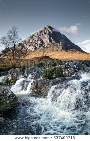 This Is  Etive Mor Waterfall  In Glencoe Of The Scottish Highlands. Bauchaille Mountain Can Be Seen 