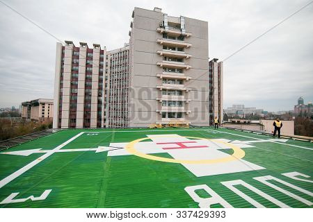 Bucharest, Romania - December 03, 2019: Bucharest Emergency University Hospital Building And Helipad