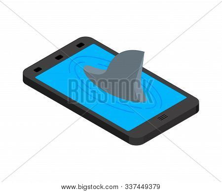 Shark In Smartphone. Shark Fin Marine Predator In Phone. See Animal In Online Internet
 
