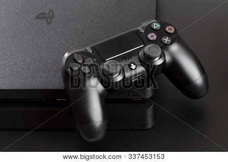 Russia, Oktober 24 2019: The New Sony Dualshock 4 With Playstation 4. Sony Playstation 4 Game Consol