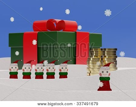 Christmas Elves With A Gift And Golden Coins Stacked On Snow With Falling Snowflakes - 3d Rendering