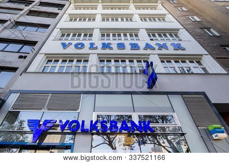 Vienna, Austria - November 6, 2019: Volksbank Logo Taken In Front Of Their Local Office For Vienna. 