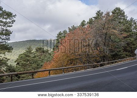 M607 Road And The Navacerrada Landscape One Autumn Day. Sierra Guadarrama. Madrid Spain
