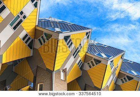 Roterrdam,  The Netherlands - December 01, 2019: View From Below On The Famous Cube House Designed B