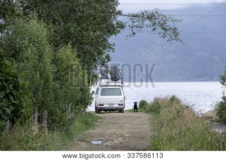 Laguna De La Cocha, Colombia - February 9th, 2019: Country Side View With Van And Dog