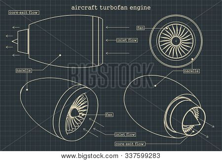 Stylized Vector Illustration Of Drawings Of A Turbofan Engine