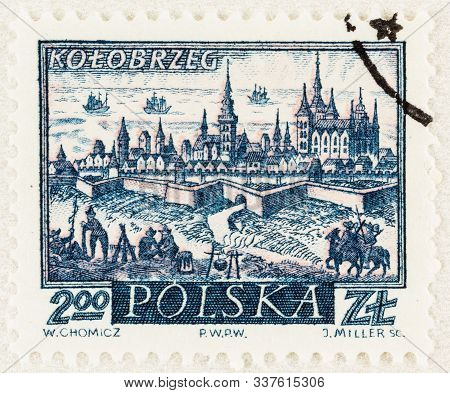 Seattle Washington - October 9, 2019: Stamp Of Kolobrzeg, A Coastal Town Of Poland, With City Wall, 