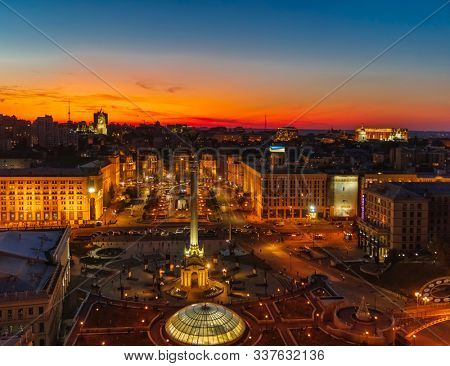 Kiev , Ukraine - August 30, 2019 : Maidan square skyline cityscape Landmark
