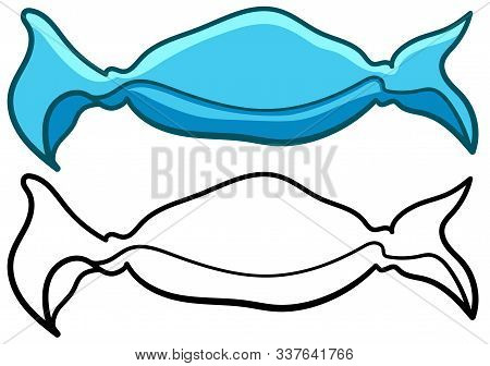 Candy In Blue Wrapper In Colored And Line Versions On White Background