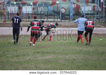 Odessa, Ukraine November 24, 2019: Local Rugby Clubs Engaged In Fierce Fight On Green Unequipped Fie