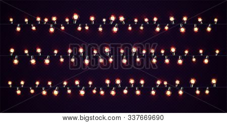 Christmas Lights. Xmas Glowing Garlands Of Led Light Bulbs. Set Of Holiday Decorations Of Realistic 