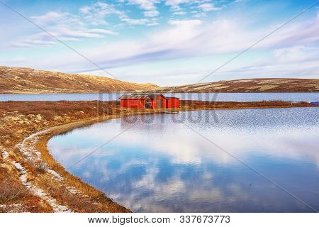 First Snow In October At The Lake Orkel Located In The Oppdal Area, Norway