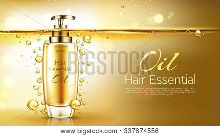 3d Realistic Essence In Golden Glass Bottle With Pump Dispenser. Yellow Hair Serum Under Surface Of 