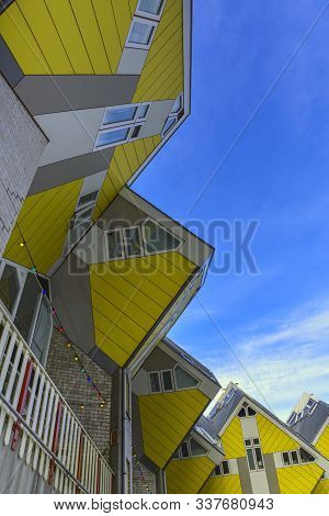 Roterrdam,  The Netherlands - December 01, 2019: View From Below On The Famous Cube House Designed B
