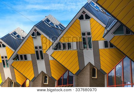 Roterrdam,  The Netherlands - December 01, 2019: View From Below On The Famous Cube House Designed B