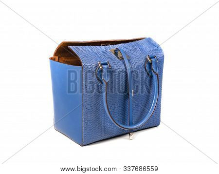 Blue Women Bag Made Of Python Skin With Handles And Leather Straps, Right Side View. Minimalistic De