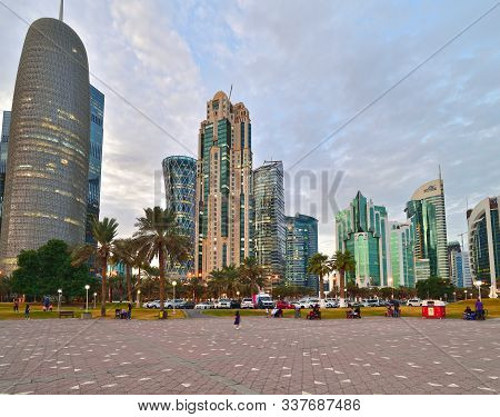 Doha, Qatar - Nov 18. 2019. View Of Downtown Skyscrapers From Sheraton Park Al Dafna Park